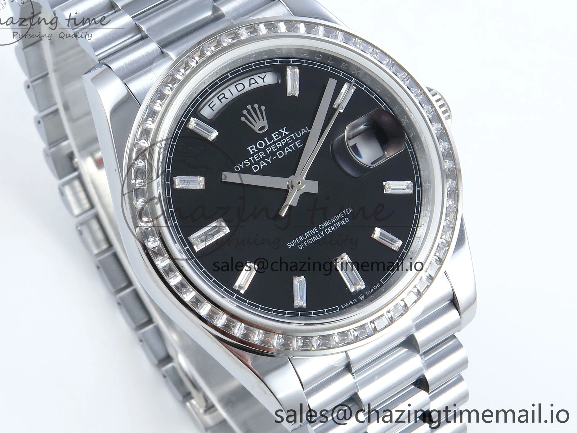 1221 Soft DayDate 40 SS QF 1:1 Best Edition Black Crystal Dial Diamonds Bezel on President Bracelet A2836 V5 (Gain Weight) 477